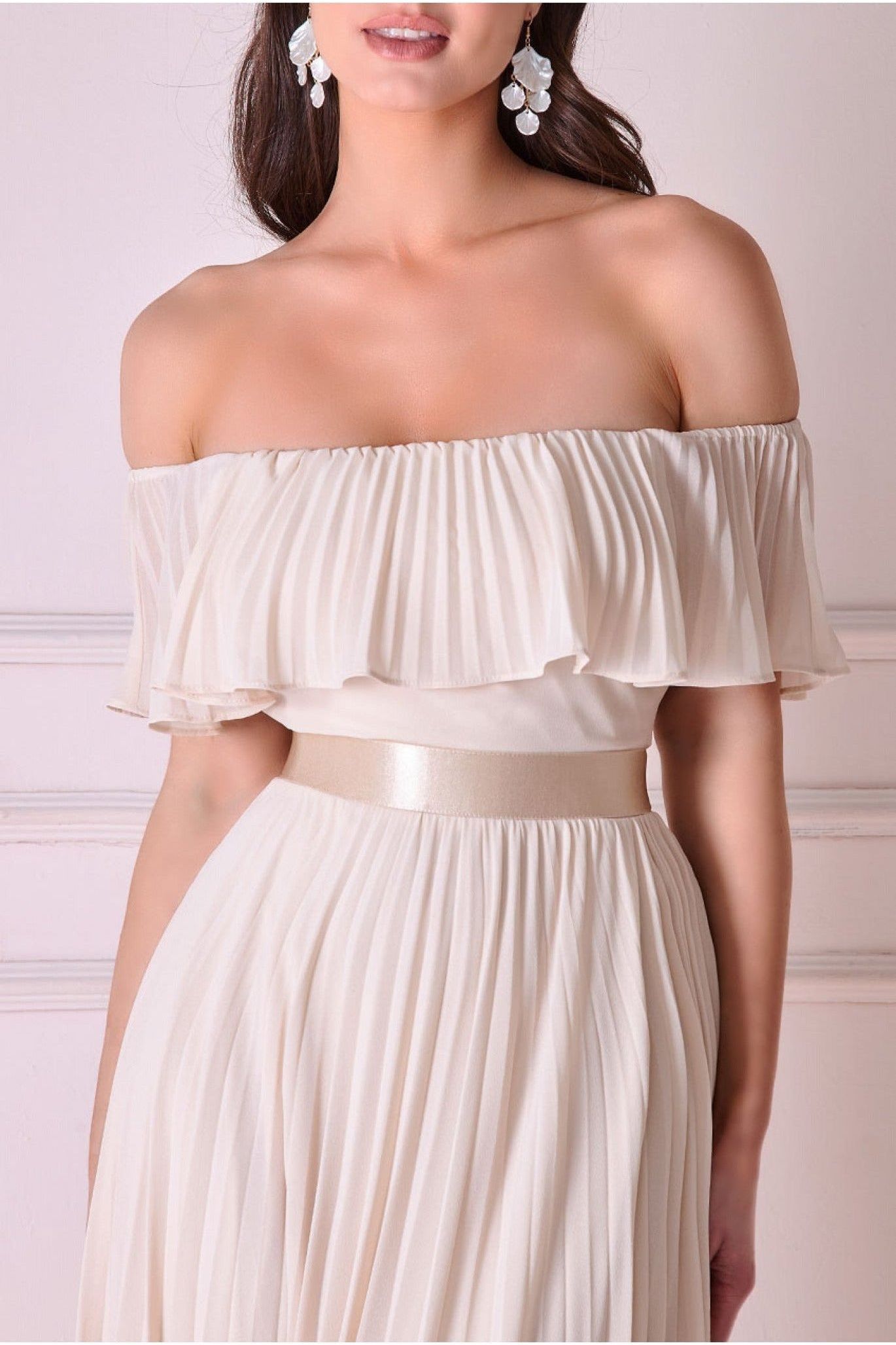 Goddiva Pleated Chiffon Off Shoulder Maxi Dress - Ivory