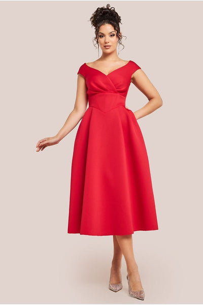 Red - Goddiva Corset Fit & Flare Midi Dress - Red