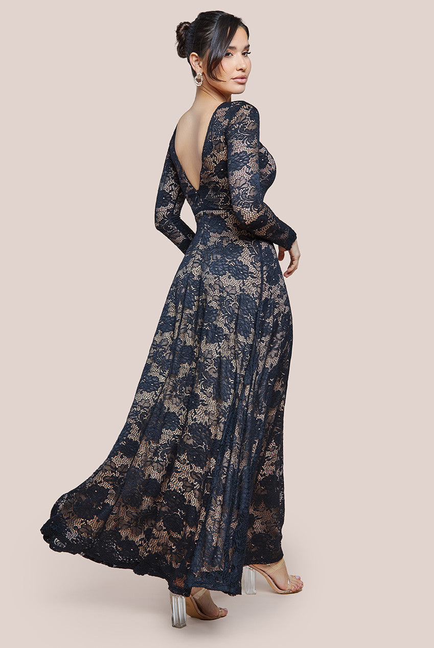 Goddiva Scalloped Lace A-Line Maxi Dress - Black