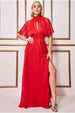 Goddiva Keyhole High Neck Flutter Sleeve Maxi - Red