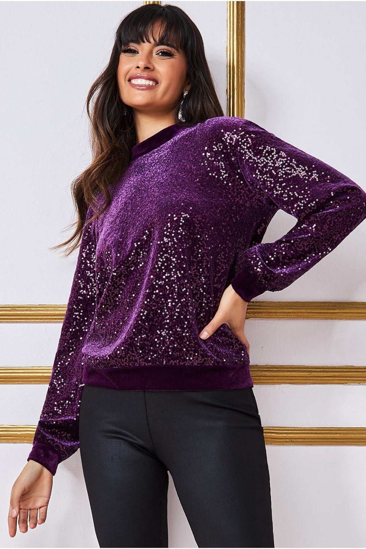 Goddiva Sequin Velvet Sweater - Magenta