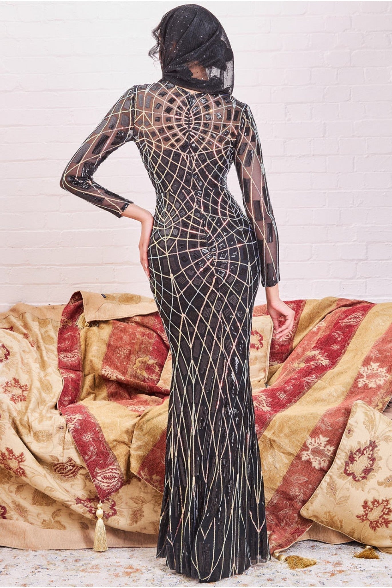 Goddiva Modesty Geo Sequin Maxi Dress - Black