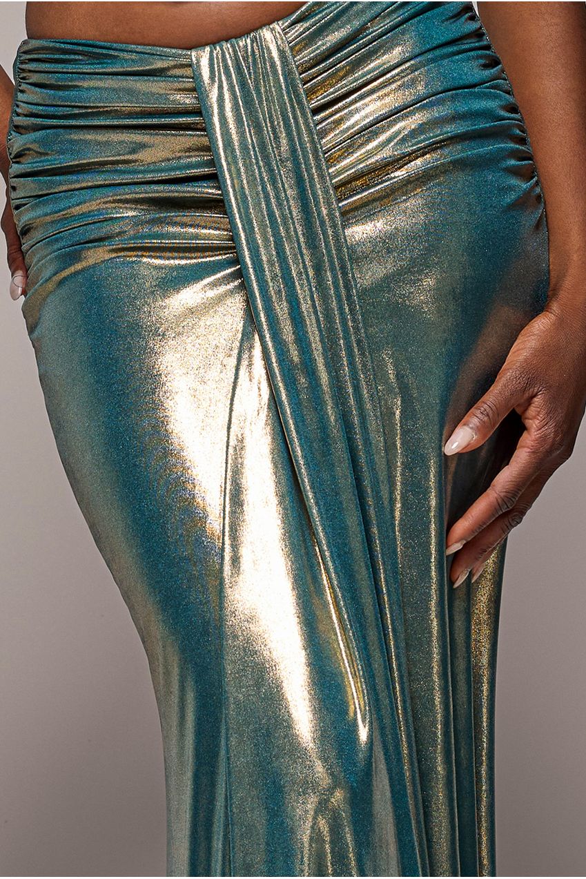 Goddiva Gathered Front Dipped Waist Foil Maxi Skirt - Gold