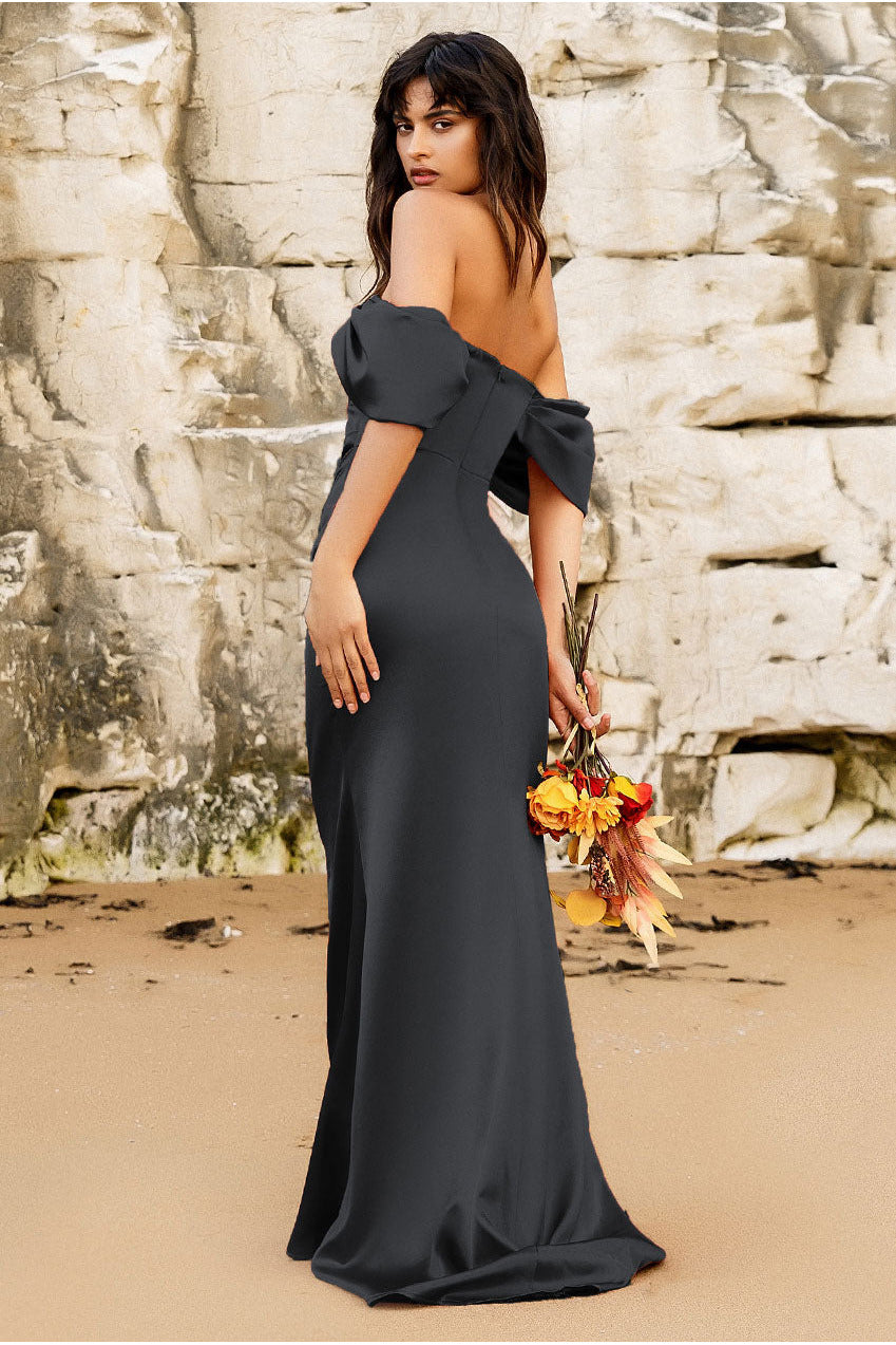 Goddiva Off Shoulder Satin Maxi Dress With V Neck - Black