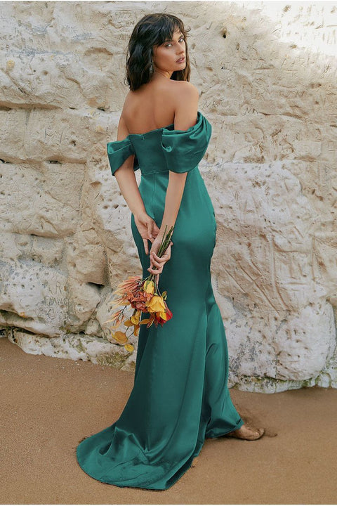 Goddiva Off Shoulder Satin Maxi With V Neck - Emerald