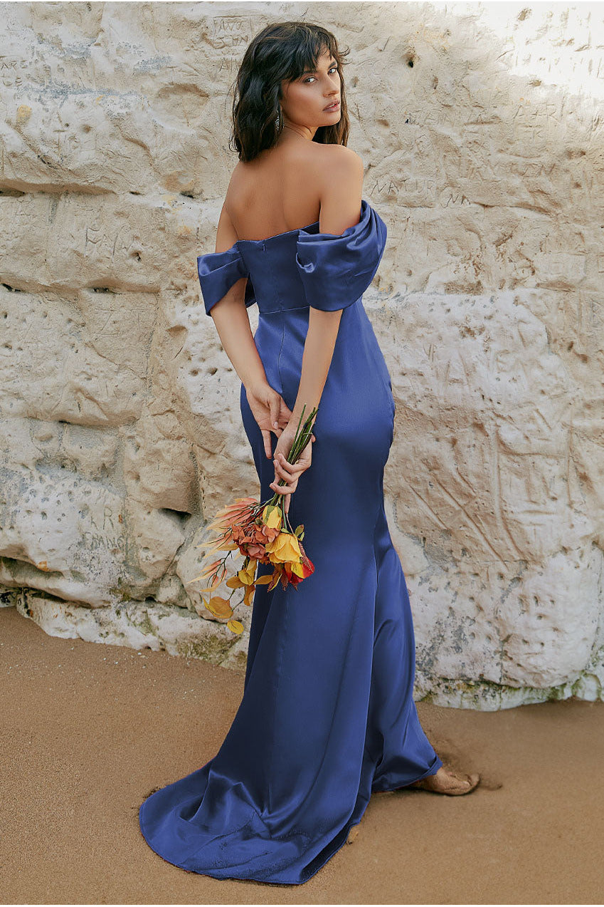 Goddiva Off Shoulder Satin Maxi With V Neck - Navy