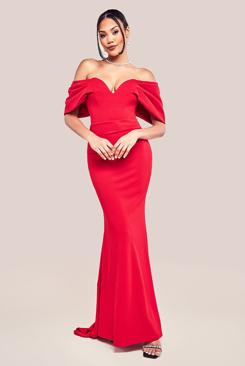 Goddiva Off The Shoulder Draped Sleeve Maxi Dress - Red