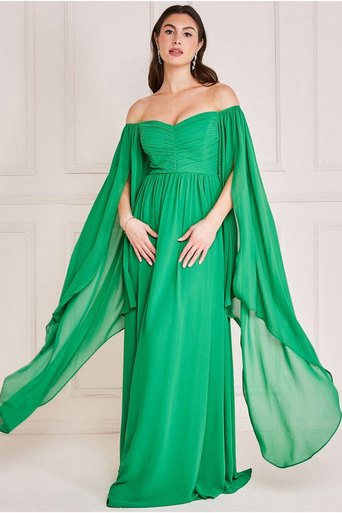 Goddiva Chiffon Off The Shoulder Maxi With Cape Sleeves - Green