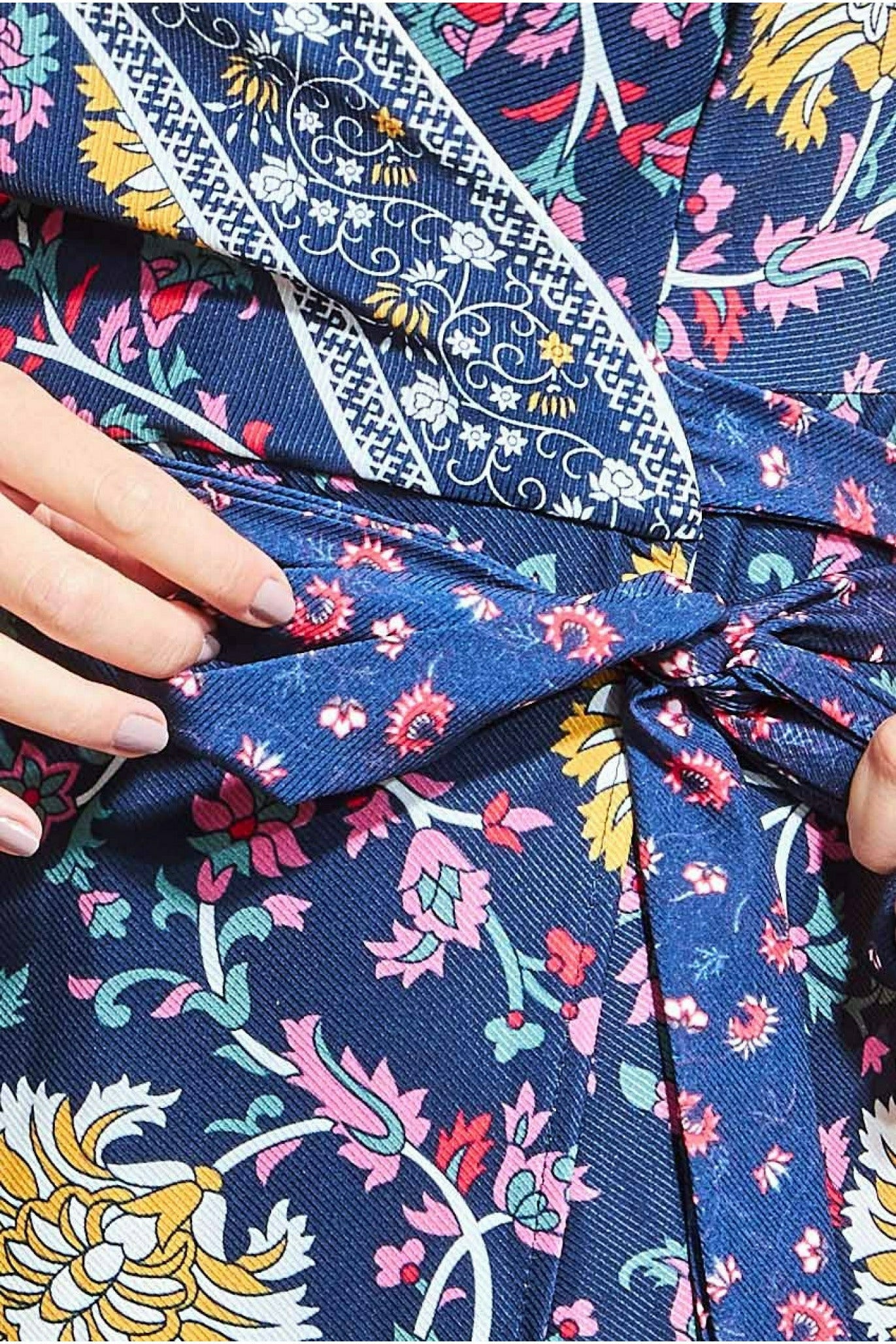 Goddiva Floral Print Wrap Midi With Flutter Sleeves - Navy Print