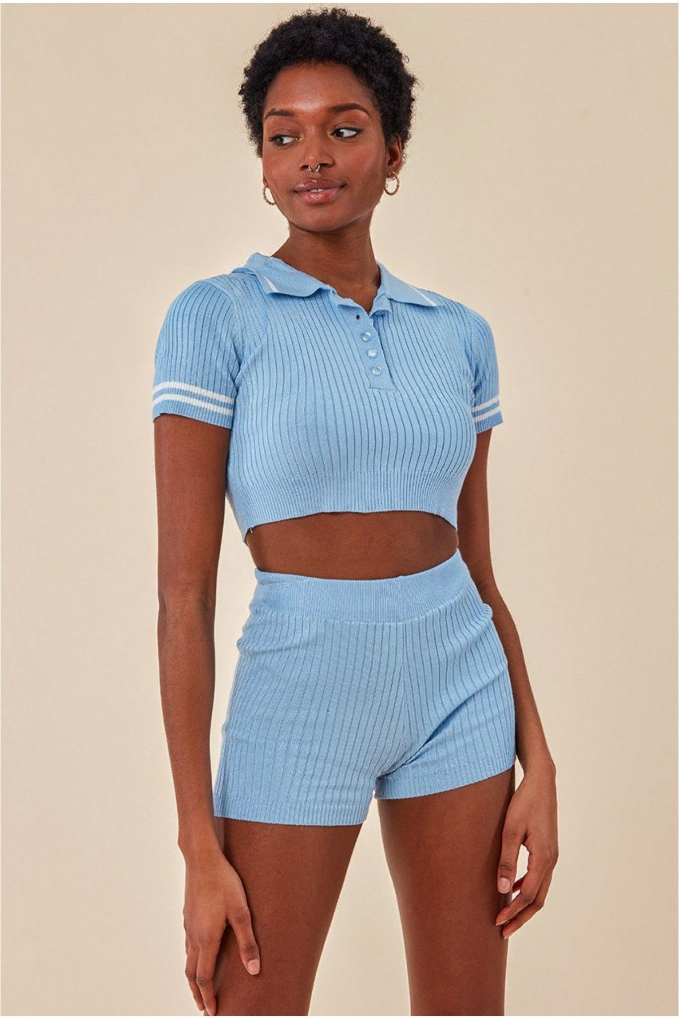 Cosmochic Crop Top & Short Loungewear Set - Blue