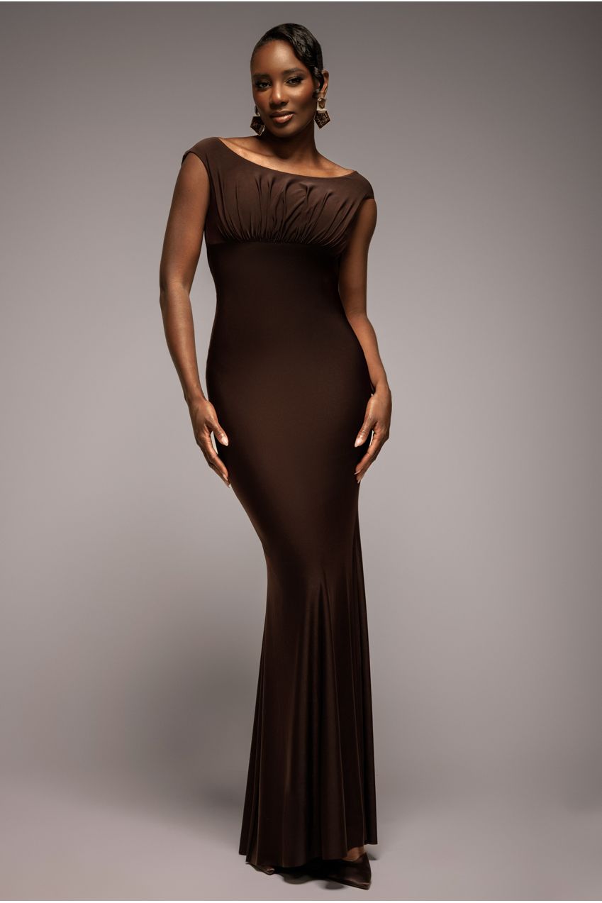 Goddiva Open Back Cowl Neck Gathered Maxi Dress With Velvet Tie Back - Brown