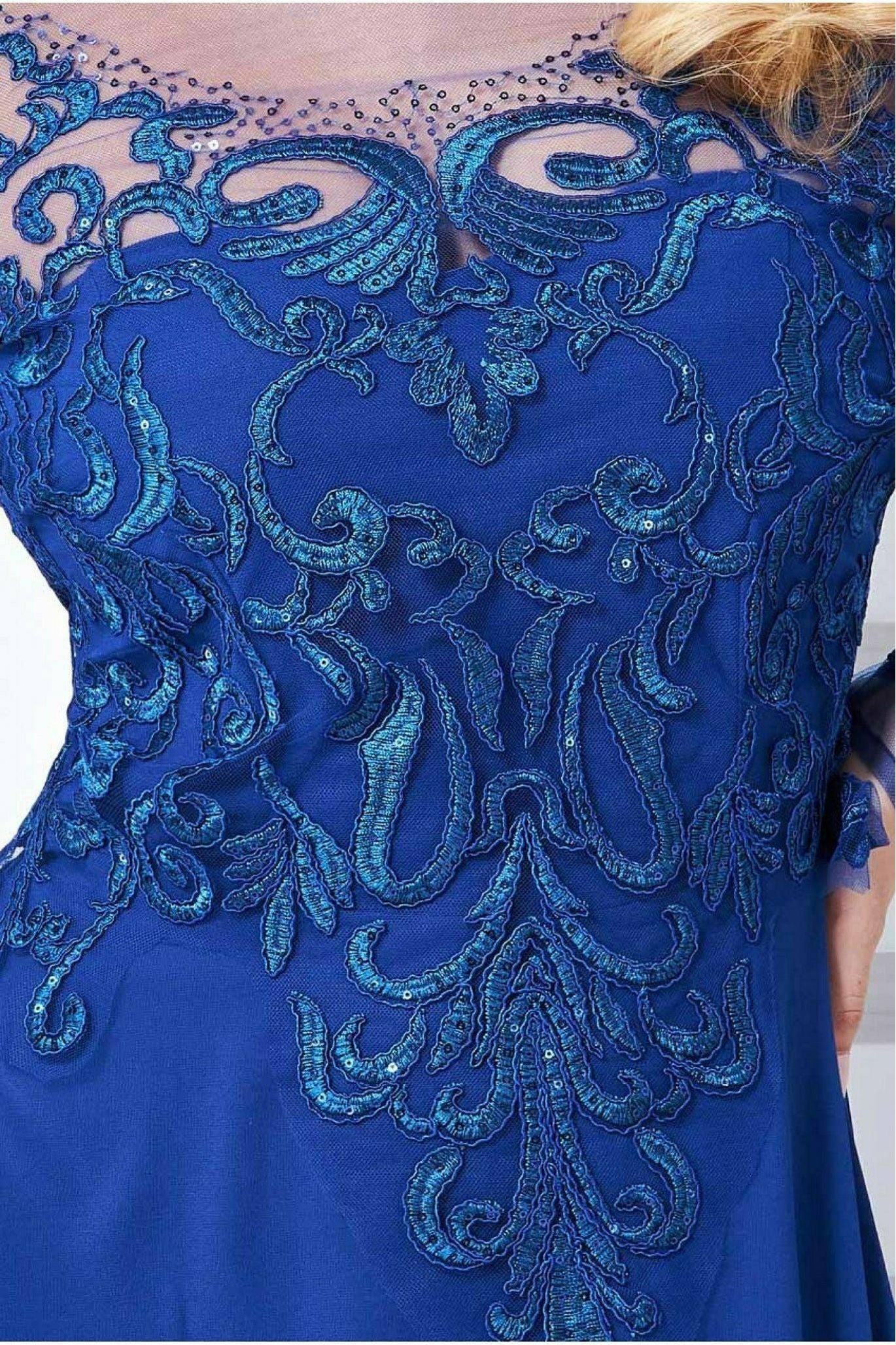 Goddiva Mesh & Lace Embroidered Bodice Maxi - Royal Blue