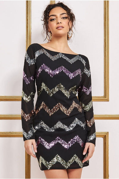 Black - Goddiva Sequin Zig Zag Shift Mini Dress - Black
