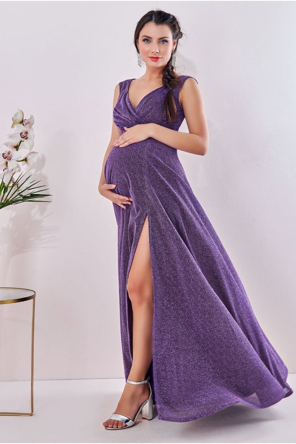 Goddiva Maternity Crossover Lurex Glitter Maxi Purple