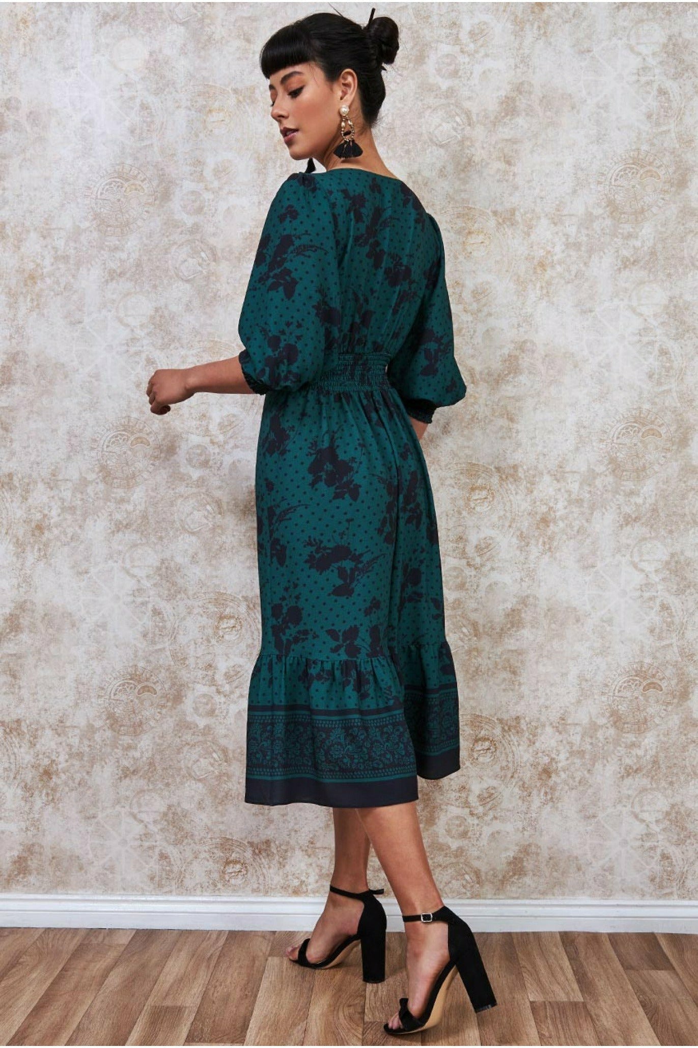 Goddiva Floral Print Puff Sleeve Midi Dress - Emerald Green
