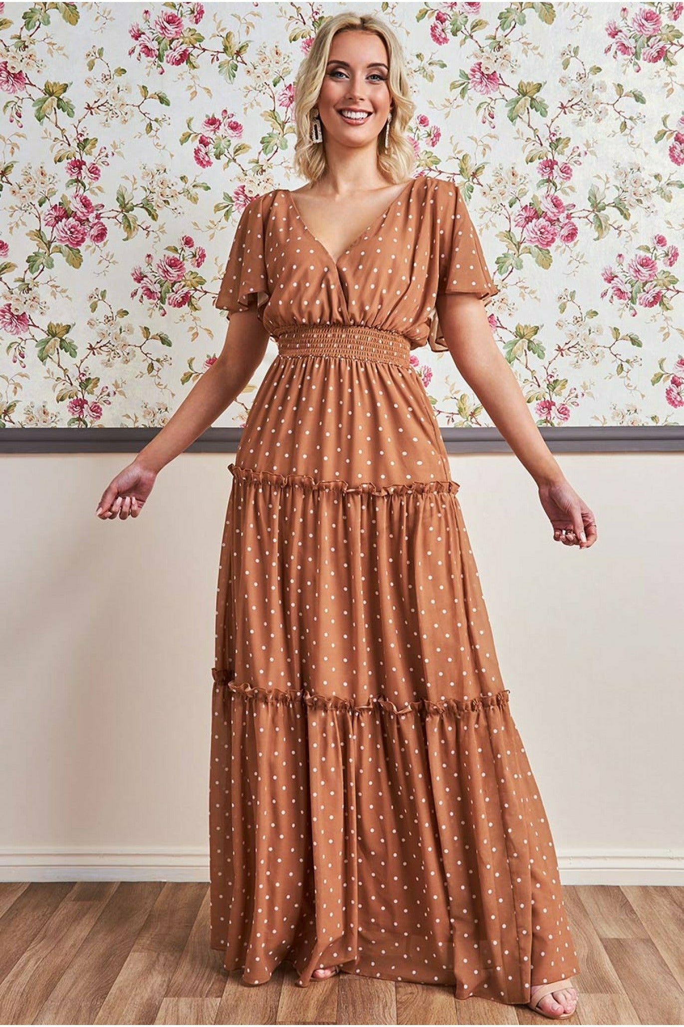 Goddiva Polka Dot Tiered Chiffon Maxi Dress - Brown