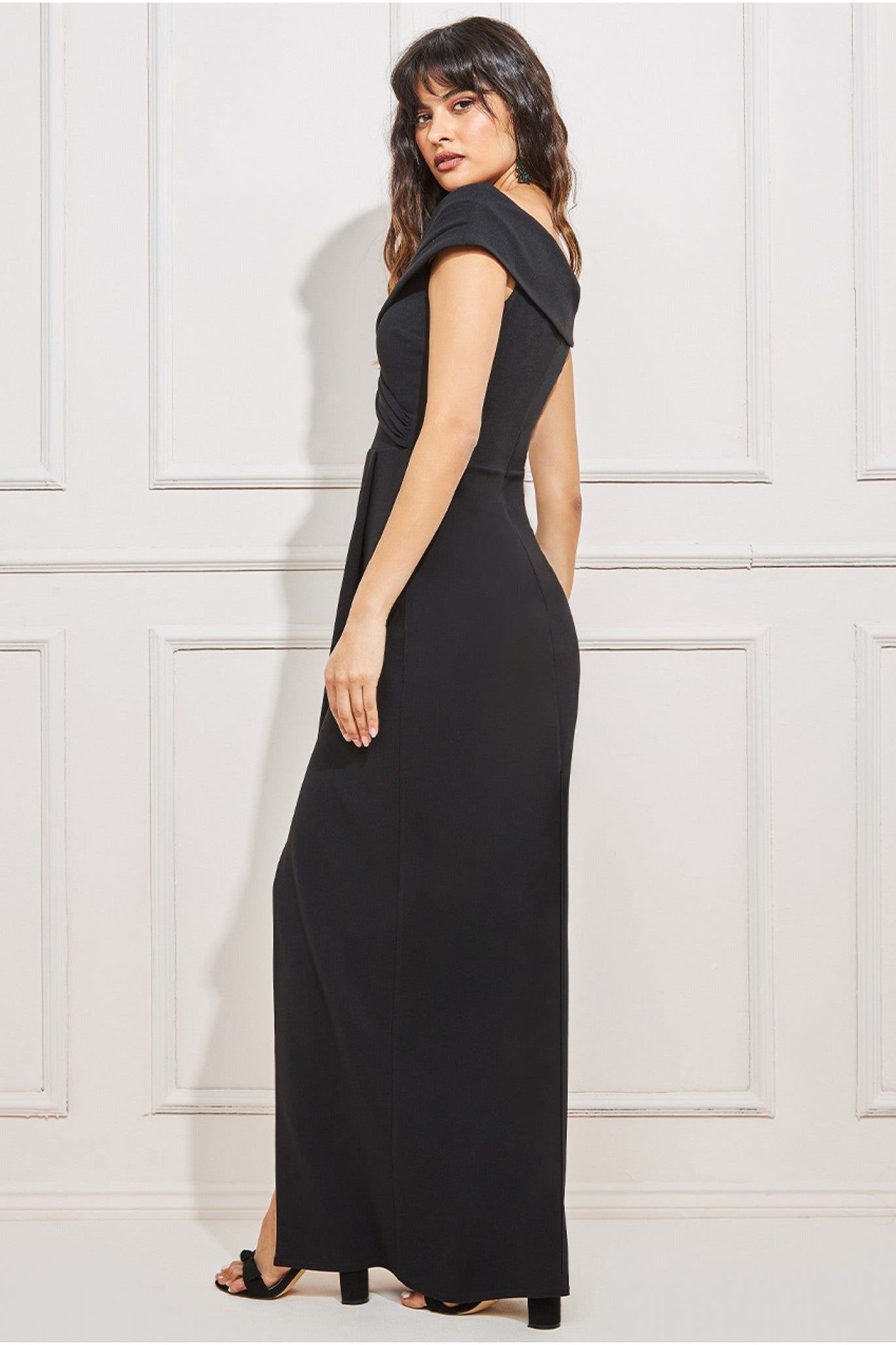 Goddiva Scuba Bardot Wrap Maxi Dress - Black