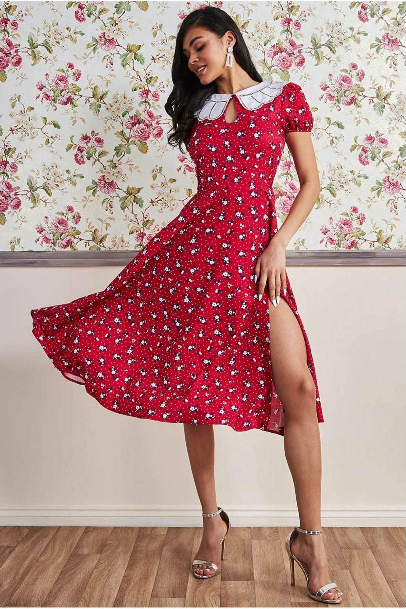 Goddiva Printed Midi With Front Split - Red