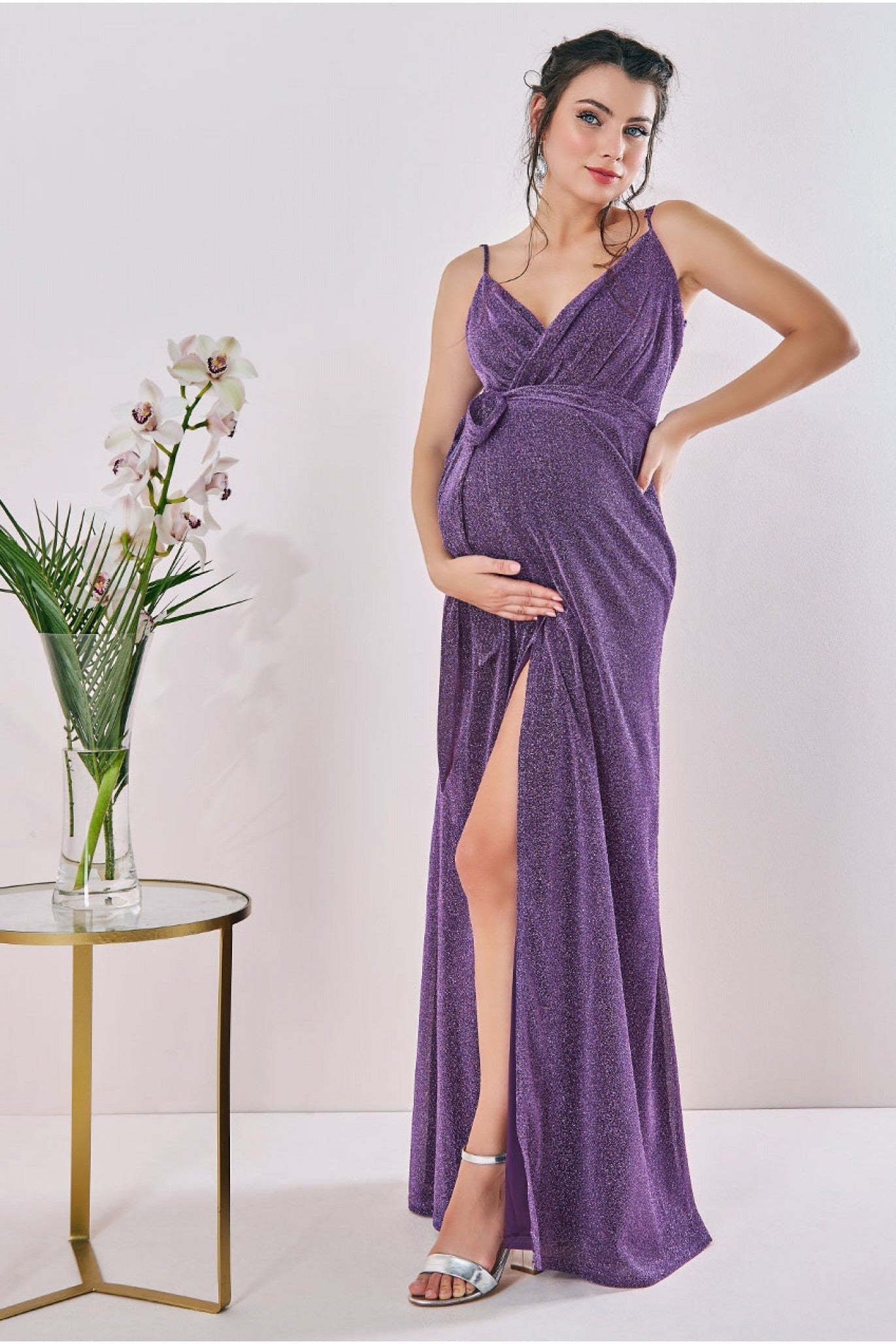 Goddiva Maternity Wrap Spaghetti Strap Maxi Purple