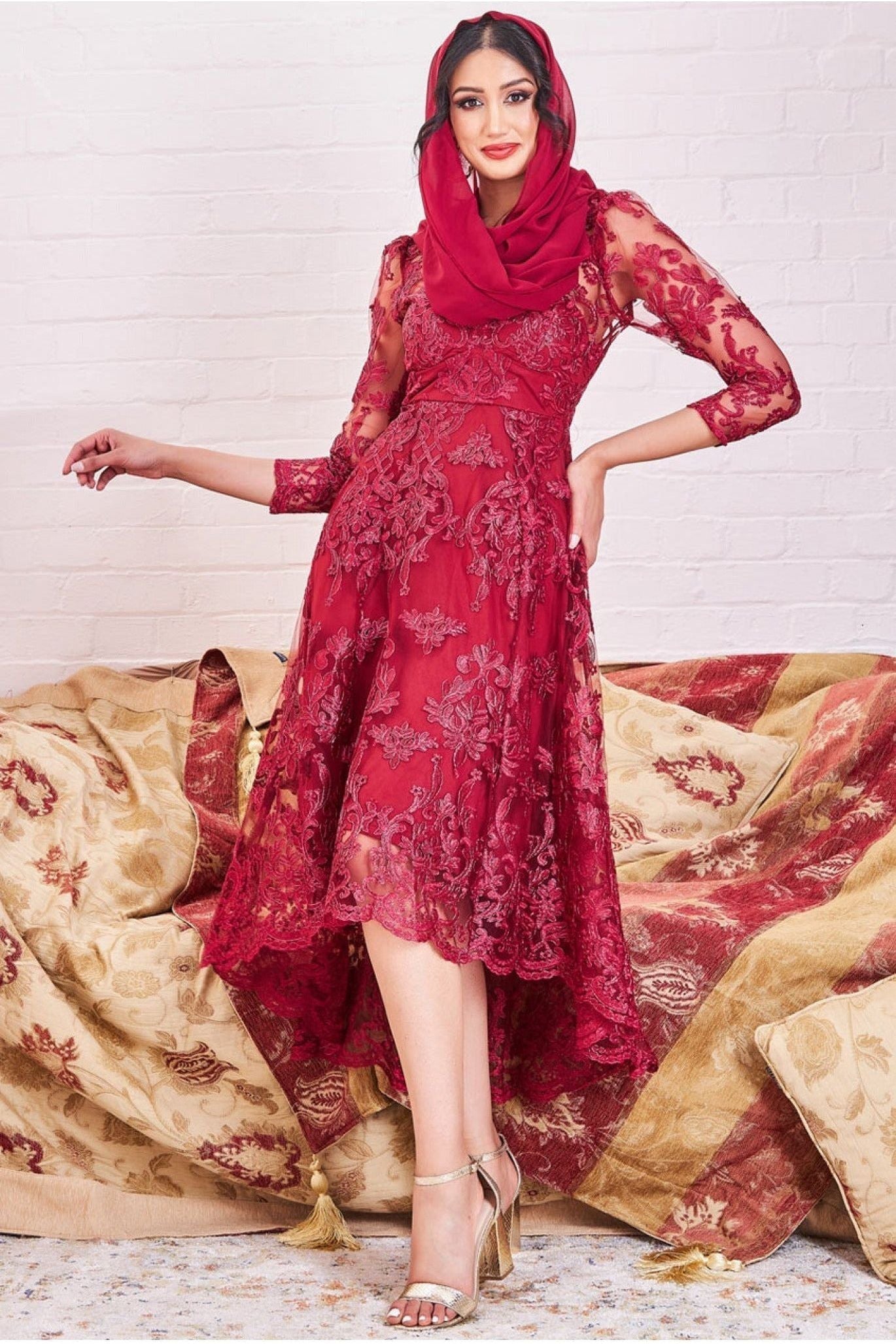 Goddiva Modesty Lace Dipped Hem Midi Dress - Wine