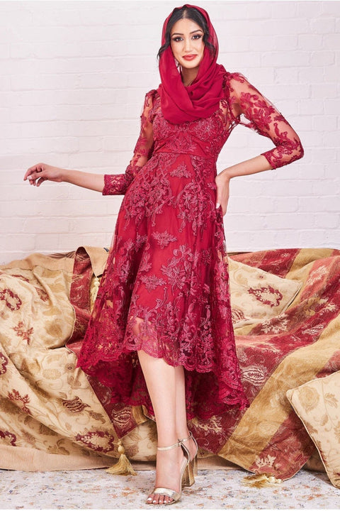 Goddiva Modesty Lace Dipped Hem Midi Dress - Wine