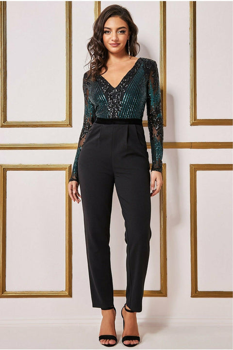 Goddiva Sequin & Mesh Romper - Emerald Green