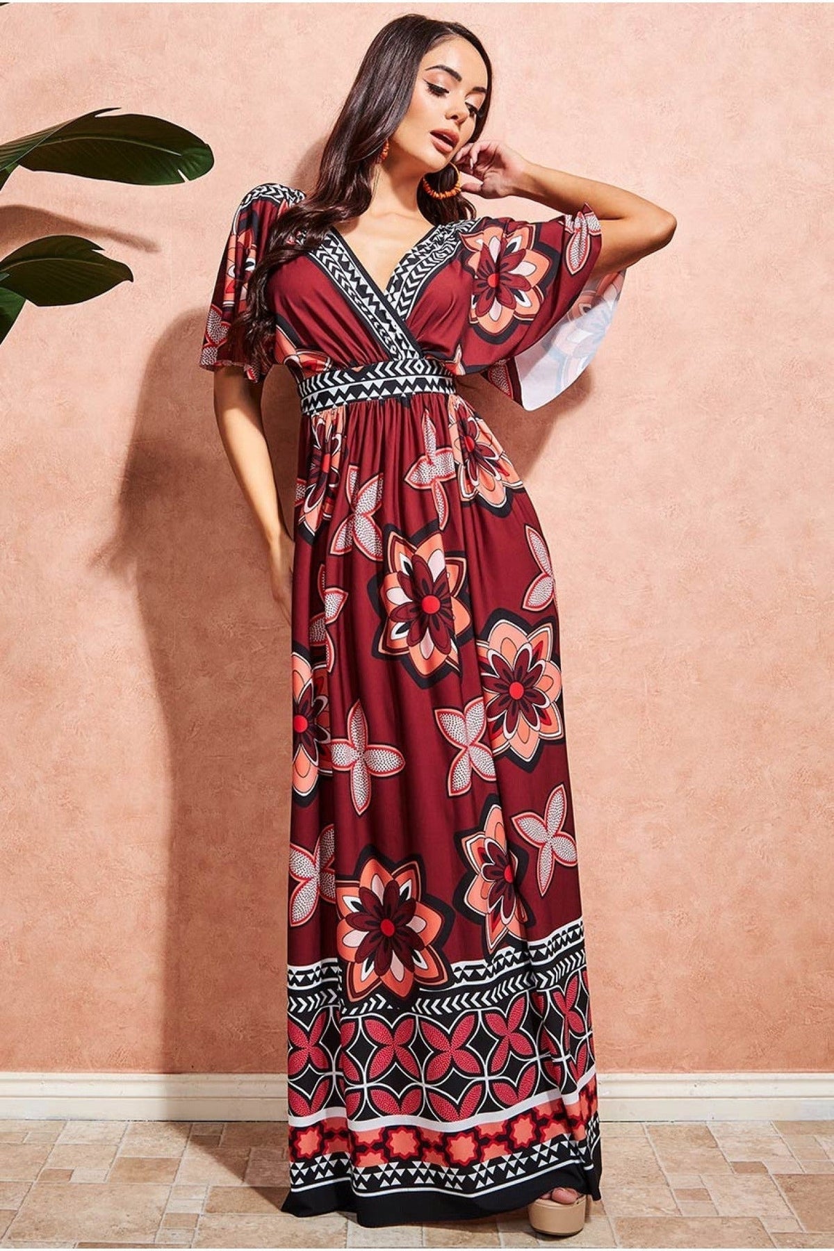 Goddiva Printed Flutter Sleeve Maxi Dress - Brown