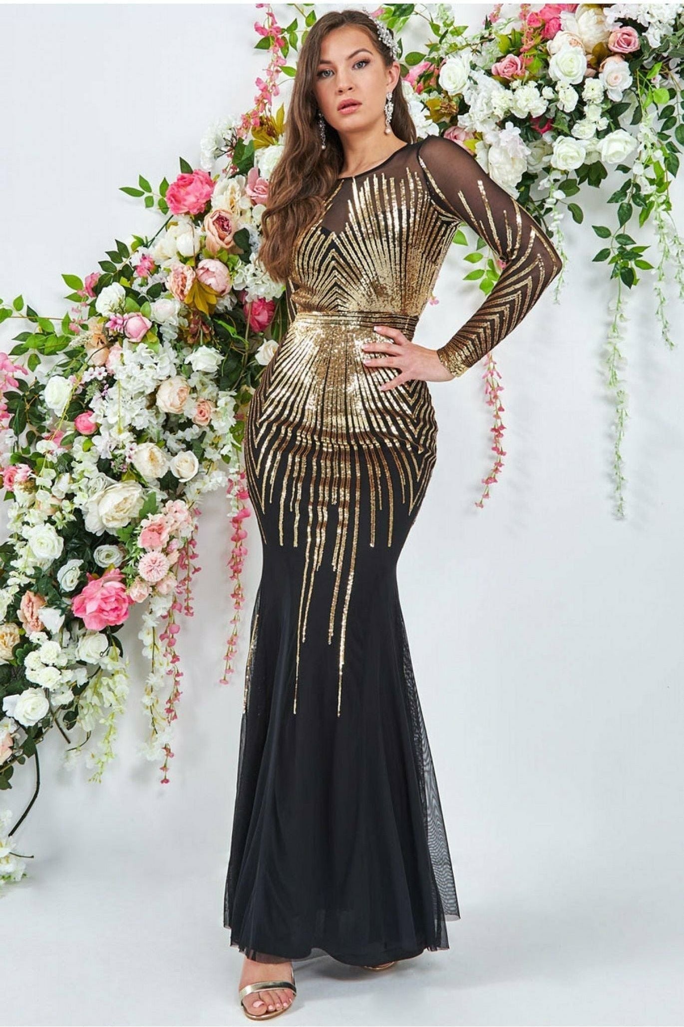 Goddiva Shooting Star Sequin Maxi Dress - Gold