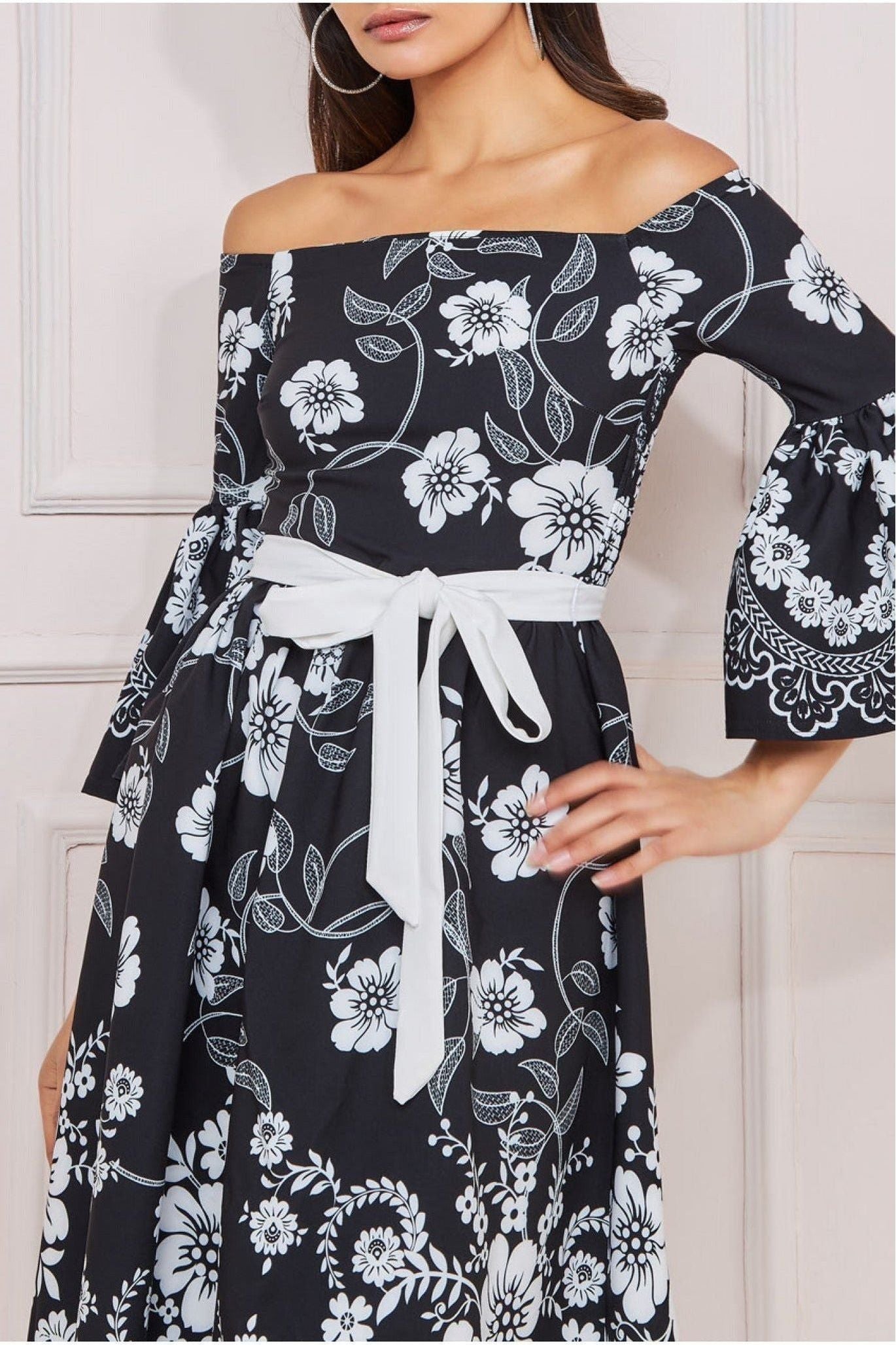 Goddiva Printed Off The Shoulder Midi Dress - Black