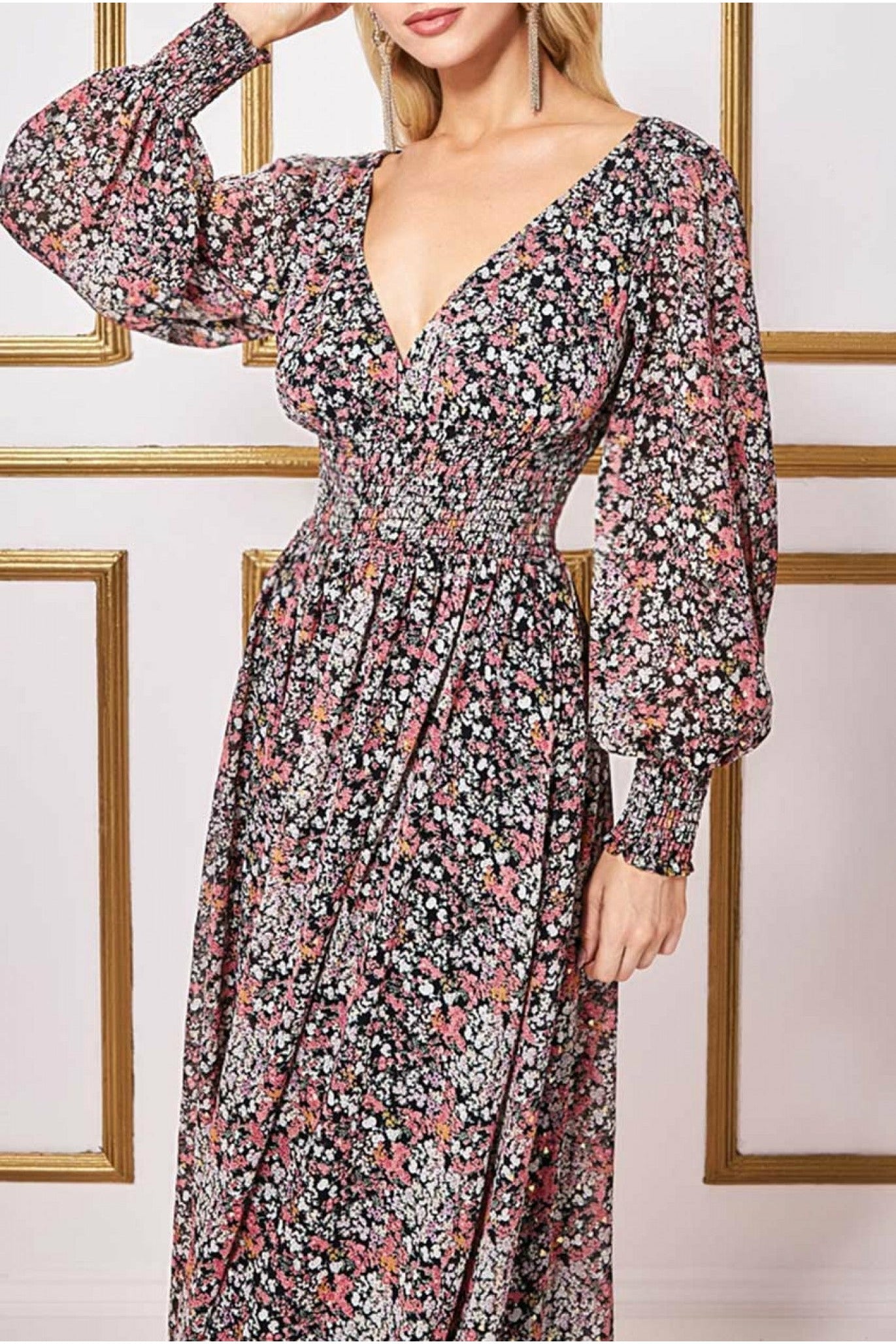 Goddiva Long Sleeve Maxi Shirred Waistband - Floral Print