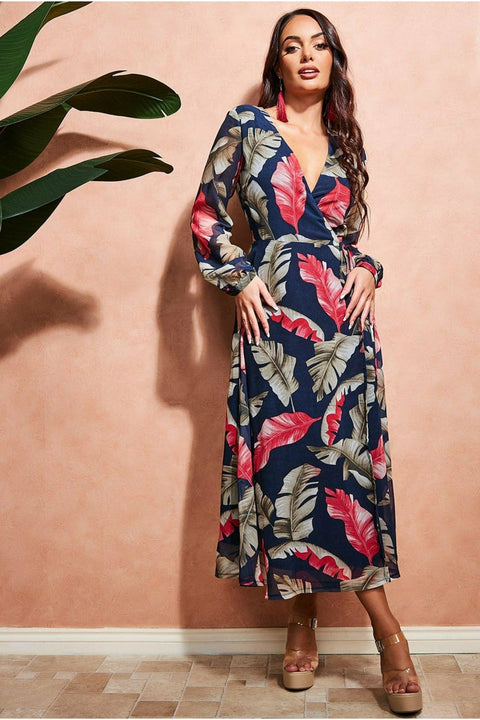 City Goddess Printed Wrap Midi Dress - Navy