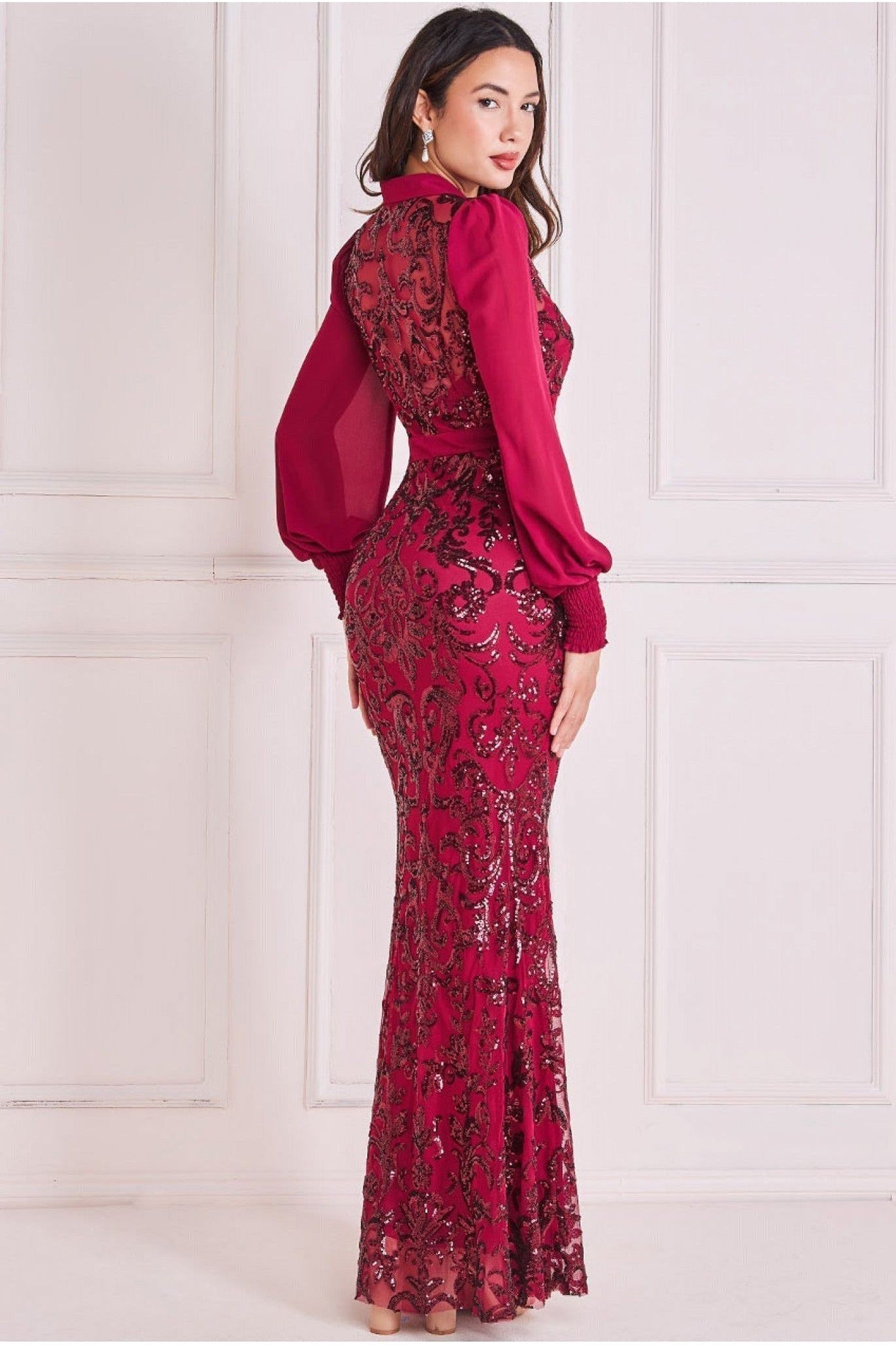 Goddiva Sequin Mesh Shirt Maxi Chiffon Sleeves - Burgundy