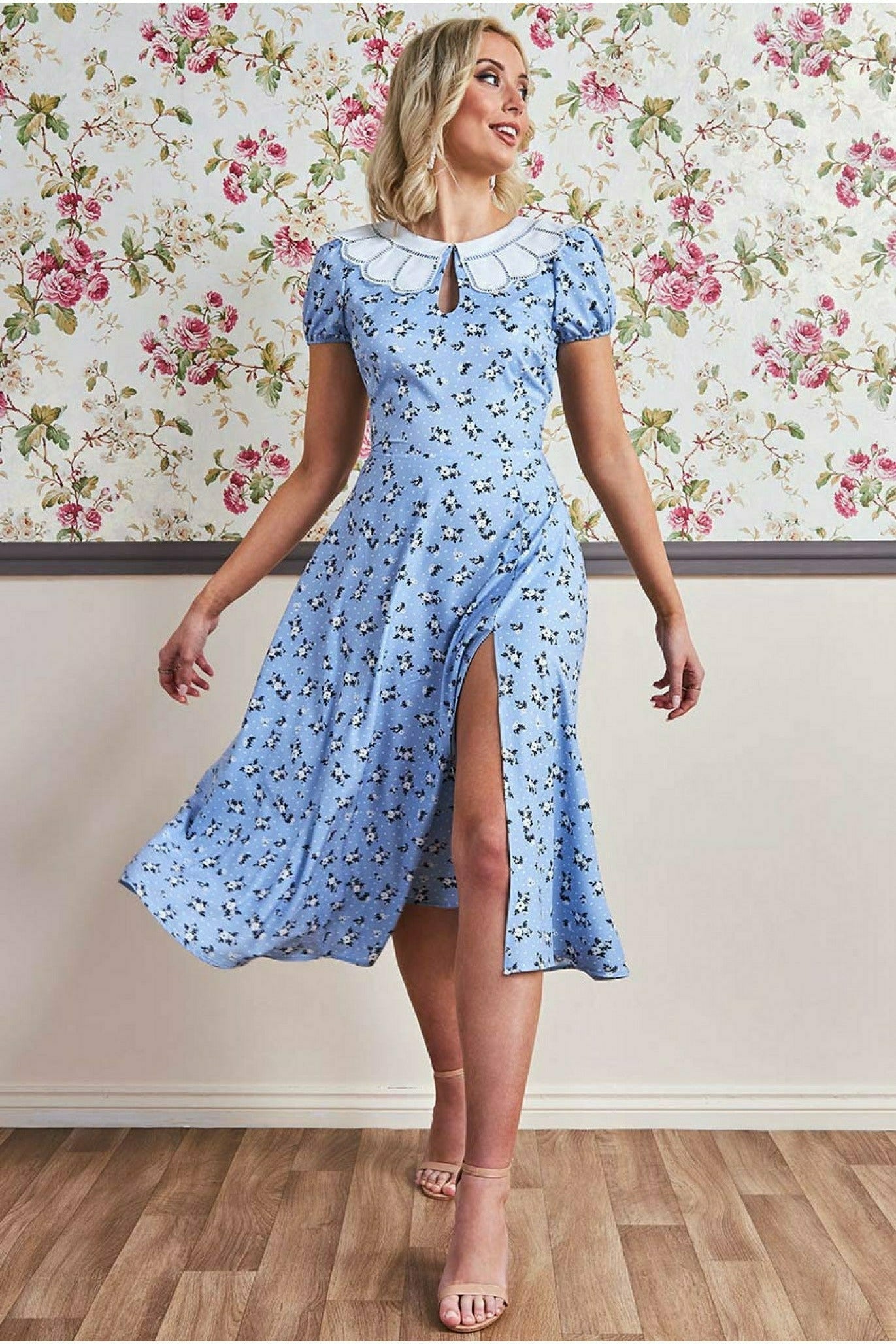 Goddiva Printed Midi With Front Split - Powder Blue