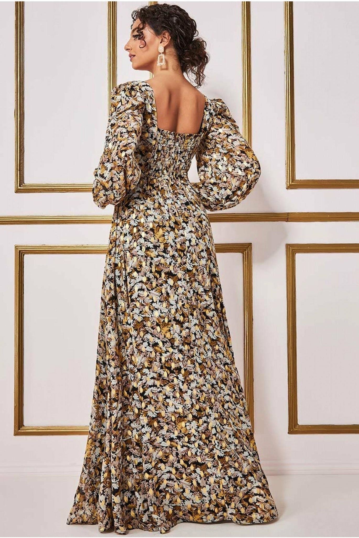 Goddiva Leaf Print Shirred Back Maxi Dress - Leaf Print