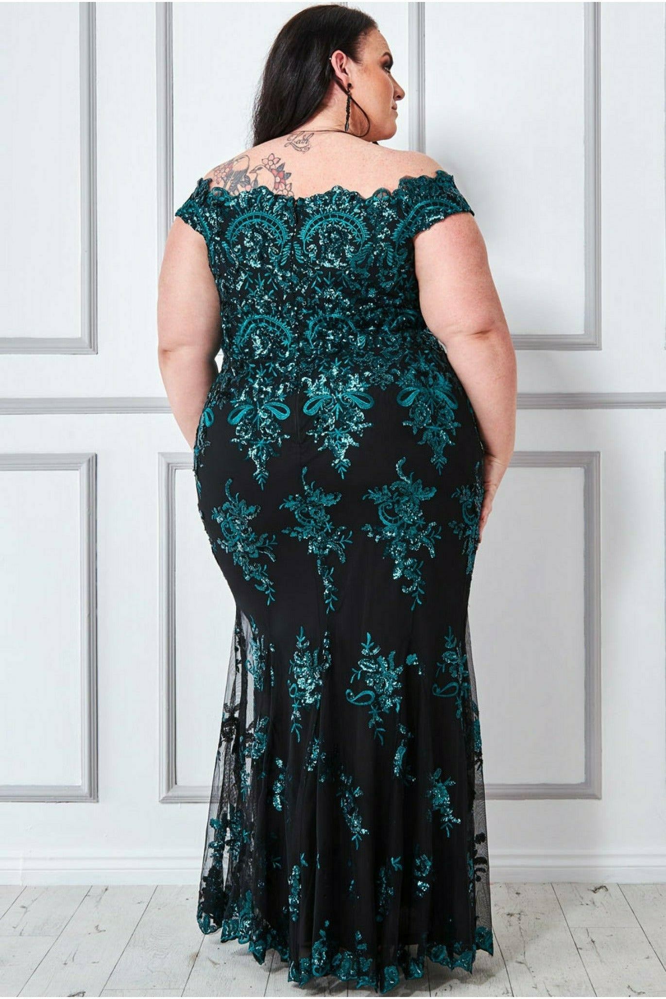 Goddiva Plus Bardot Sequin Embroidered Maxi - Emerald