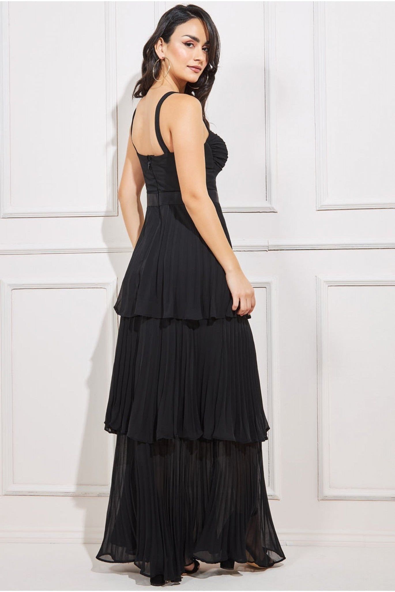 Goddiva Pleated Chiffon Tiered Maxi Dress - Black