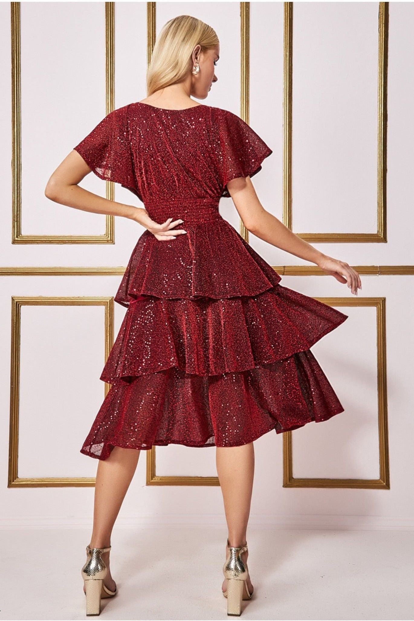 Goddiva Sequin Lurex Tiered Midi Dress - Wine