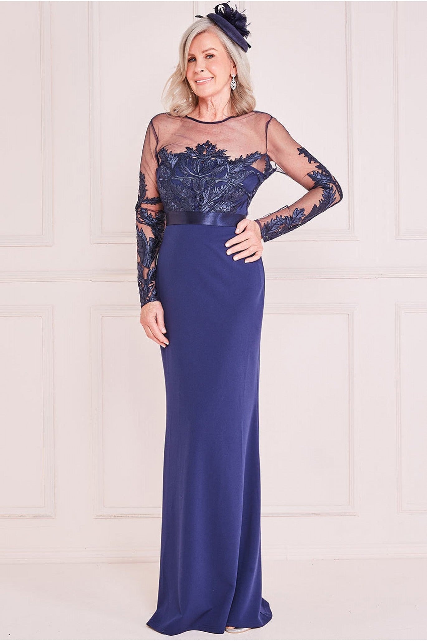 Goddiva Embroidered Bodice Scuba Maxi - Navy