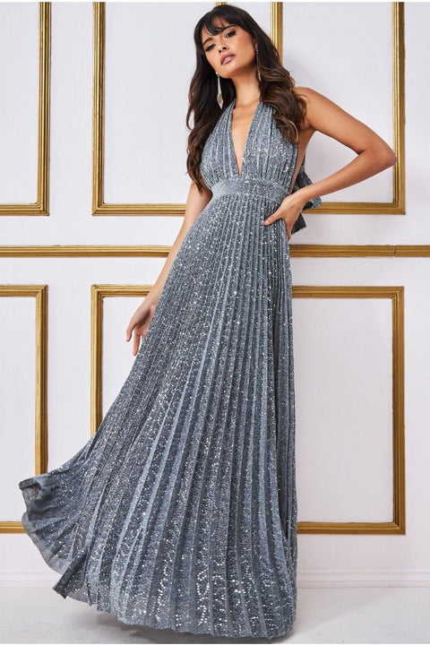 Goddiva Plunge Halterneck Sequin Lurex Maxi - Silver