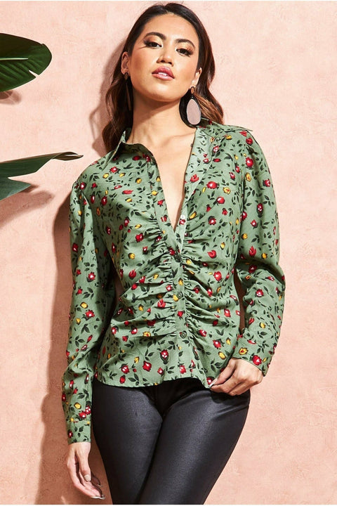 City Goddess Floral Print Shirt - Sagegreen