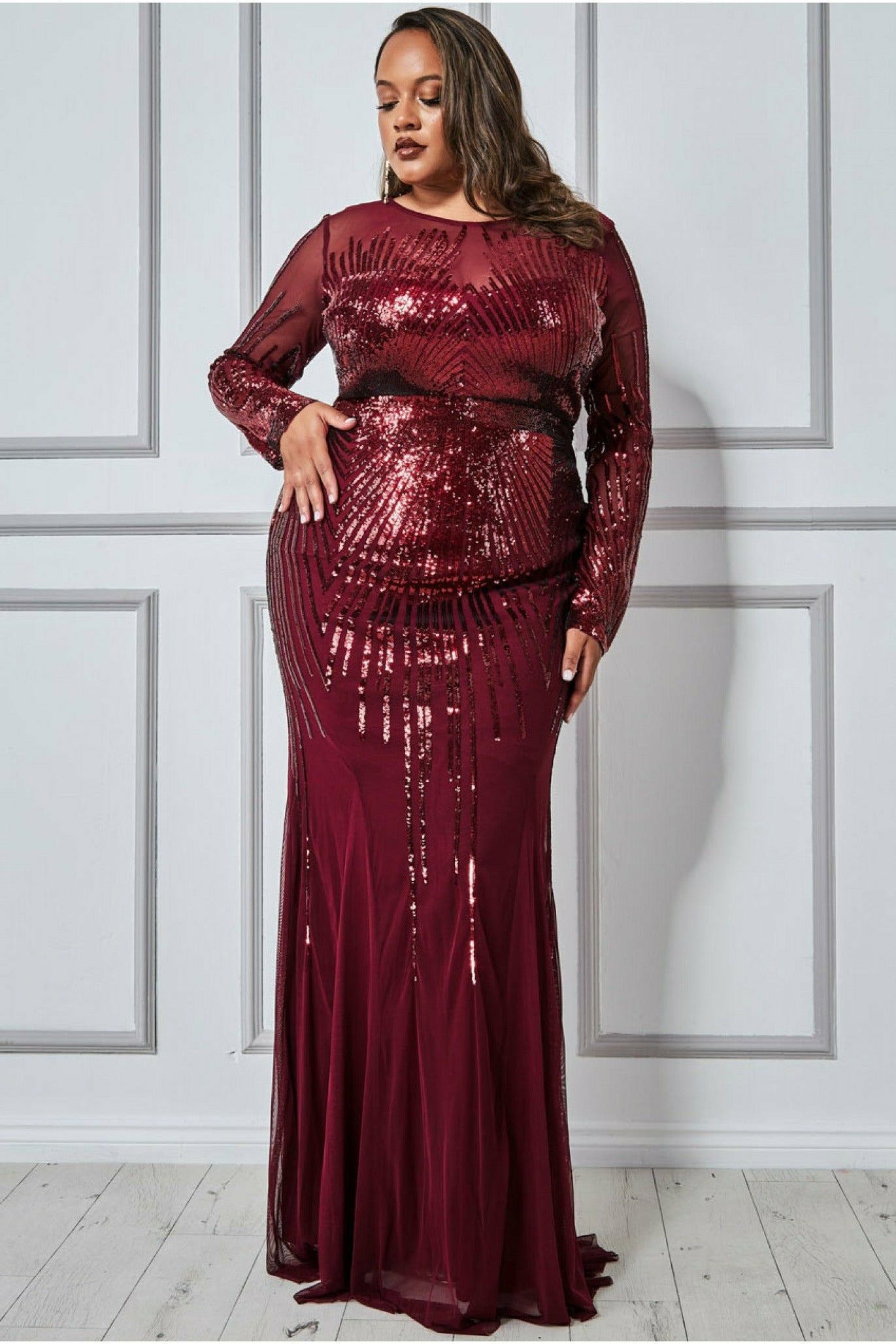 Goddiva Plus Shooting Star Sequin Maxi Dress - Wine