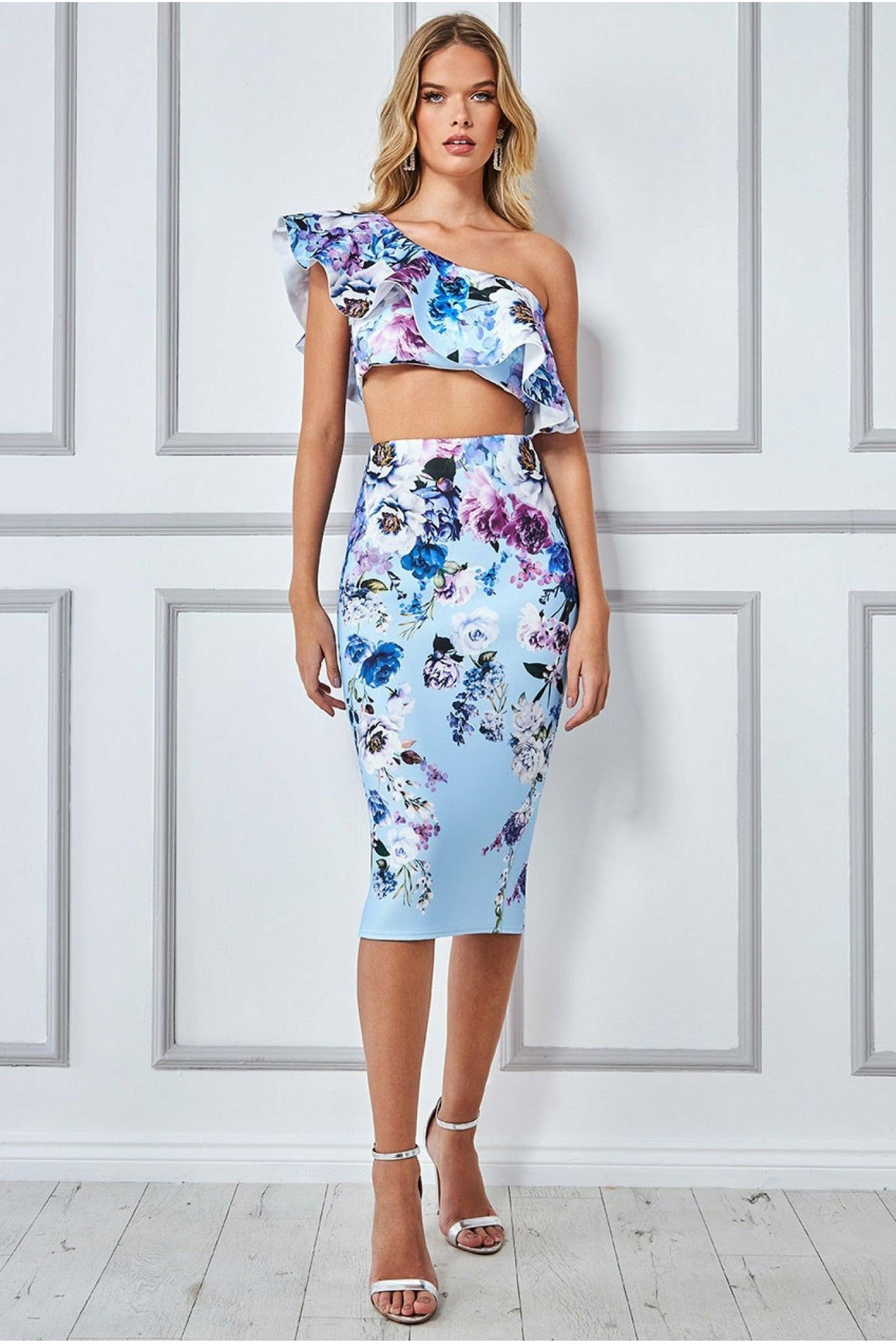 Goddiva One Shoulder Floral Crop Top - Light Blue