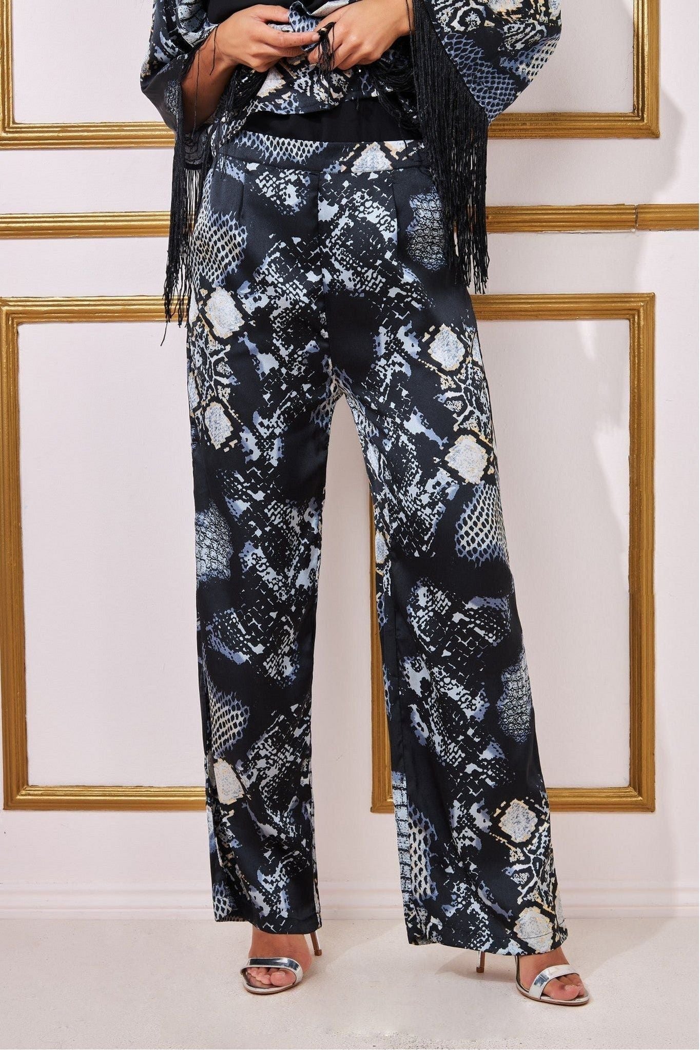 Goddiva Foil Print Wide Leg Pants - Black