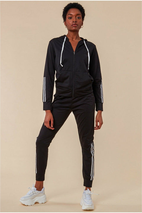 Cosmochic Stripe Detail Hooded Tracksuit Set - Black