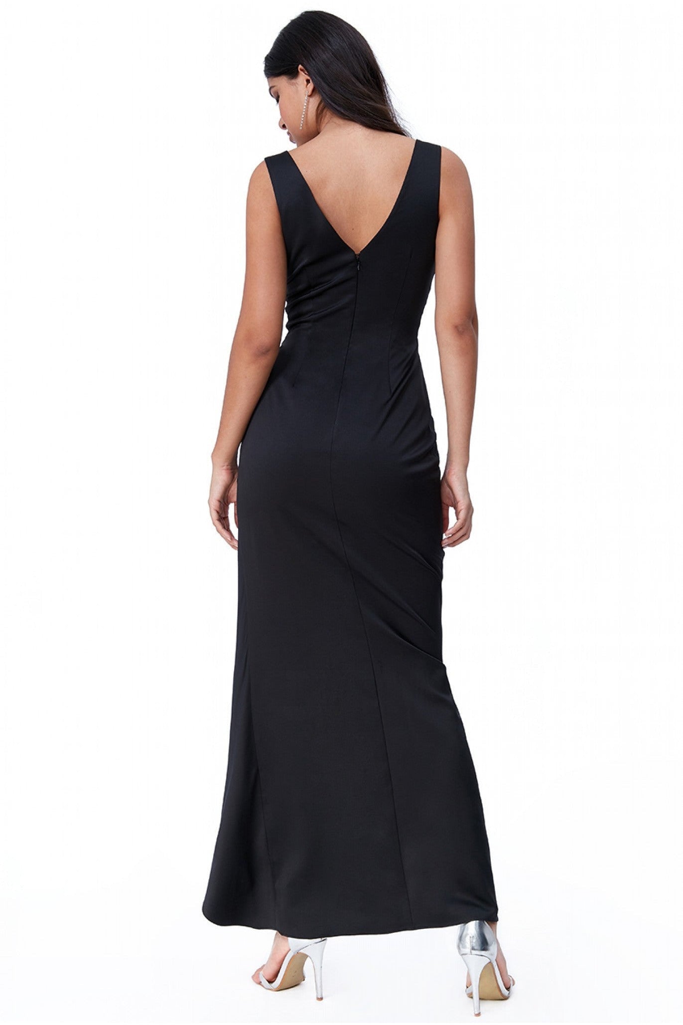 Goddiva Waterfall Satin Maxi Dress  - Black