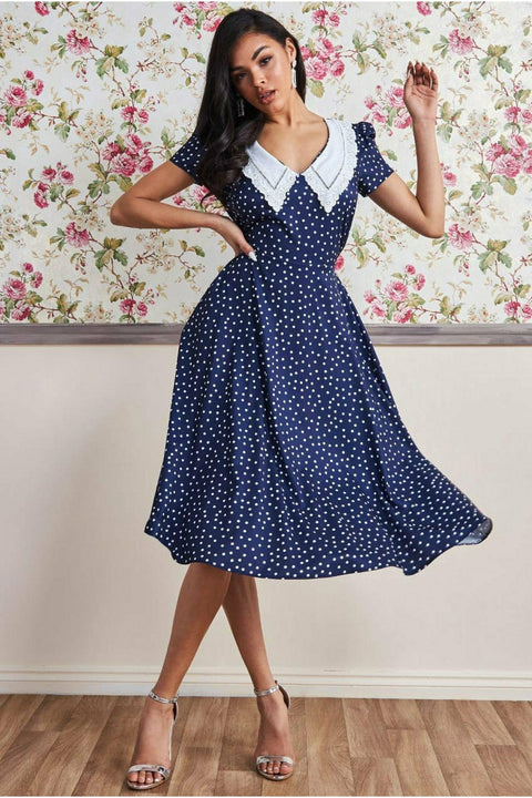 Goddiva Printed Tea Dress With Collar - Navy