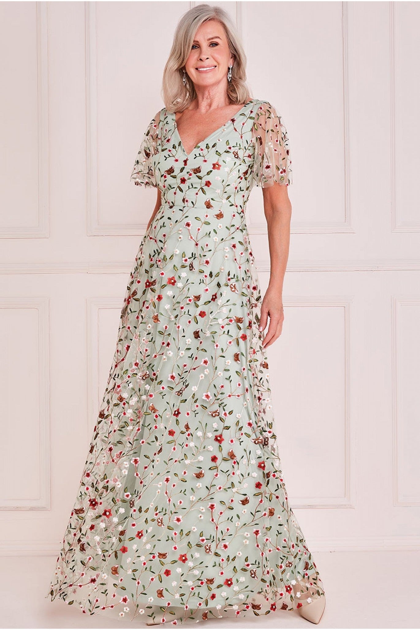 Goddiva Short Sleeve Embroidered Floral Maxi - Sage Green