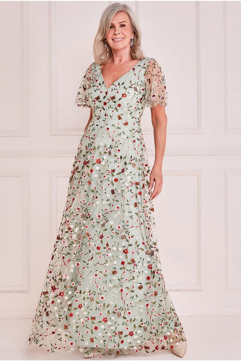 Goddiva Short Sleeve Embroidered Floral Maxi - Sage Green