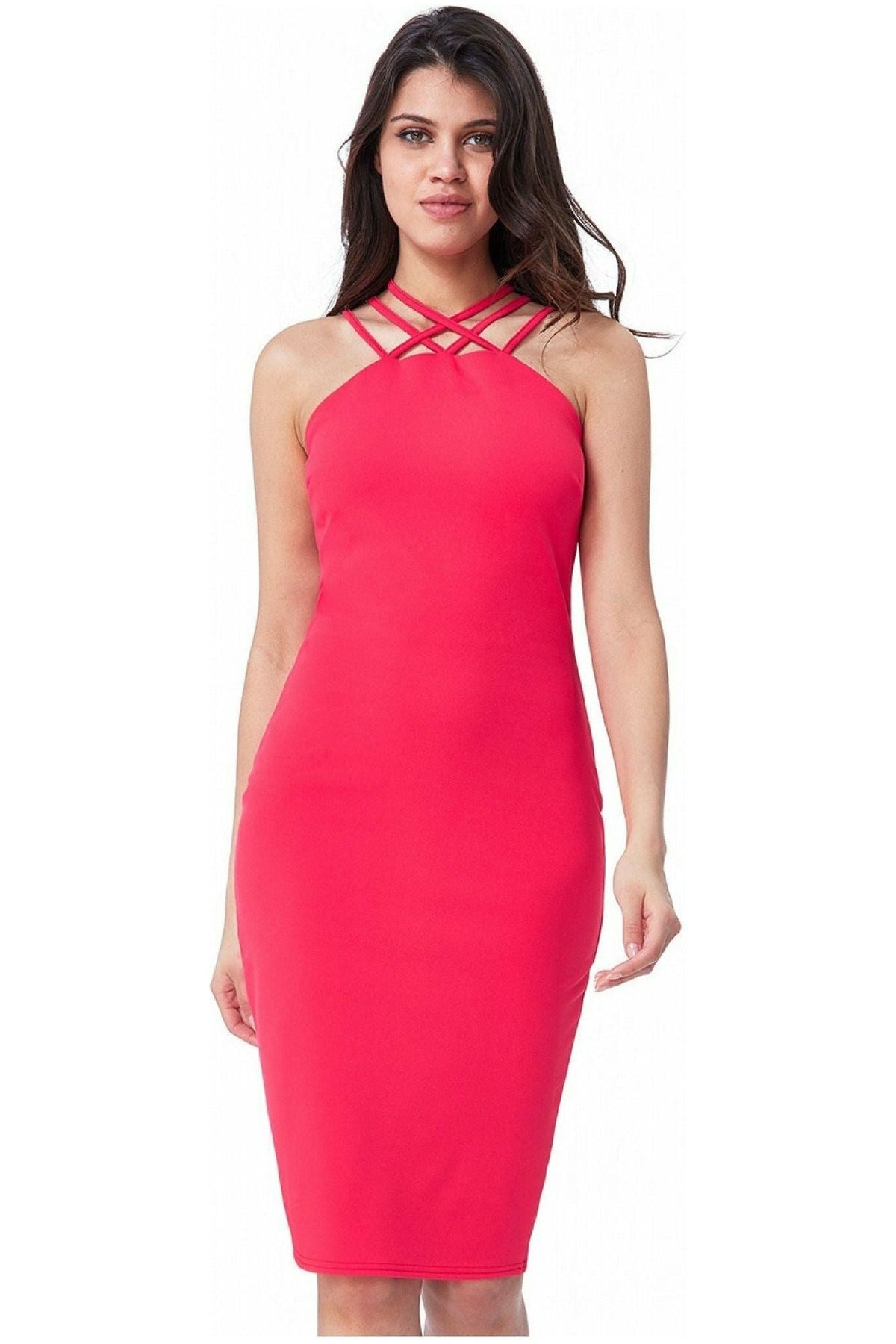 City Goddess Criss Cross Strap Halter Neck Midi - Hot Pink