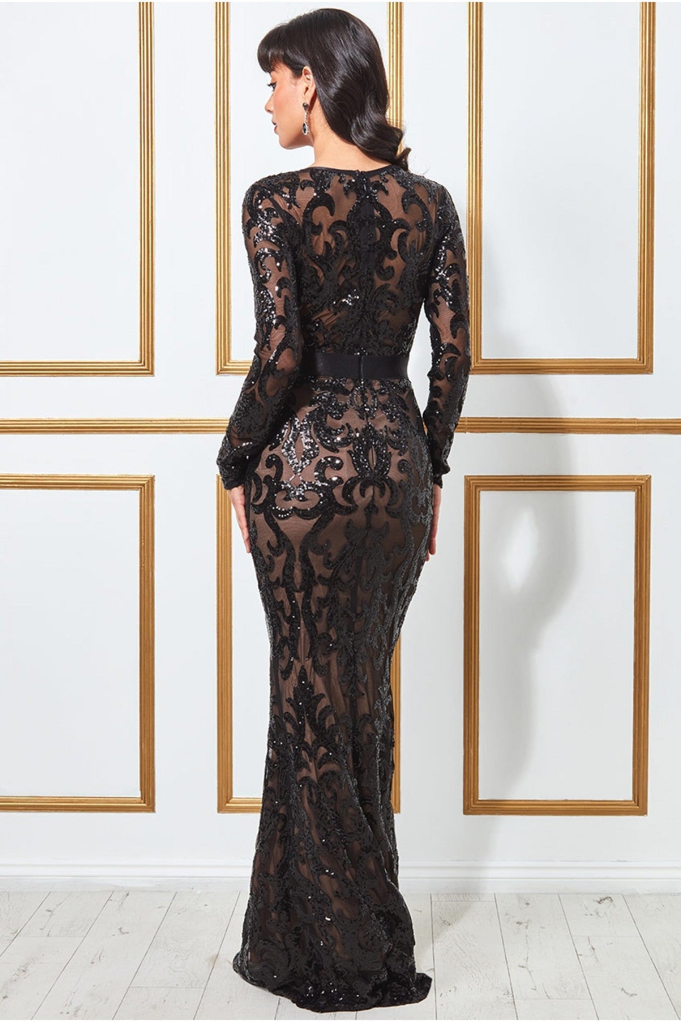 Goddiva Embroidered Sequin & Mesh Maxi Dress - Black